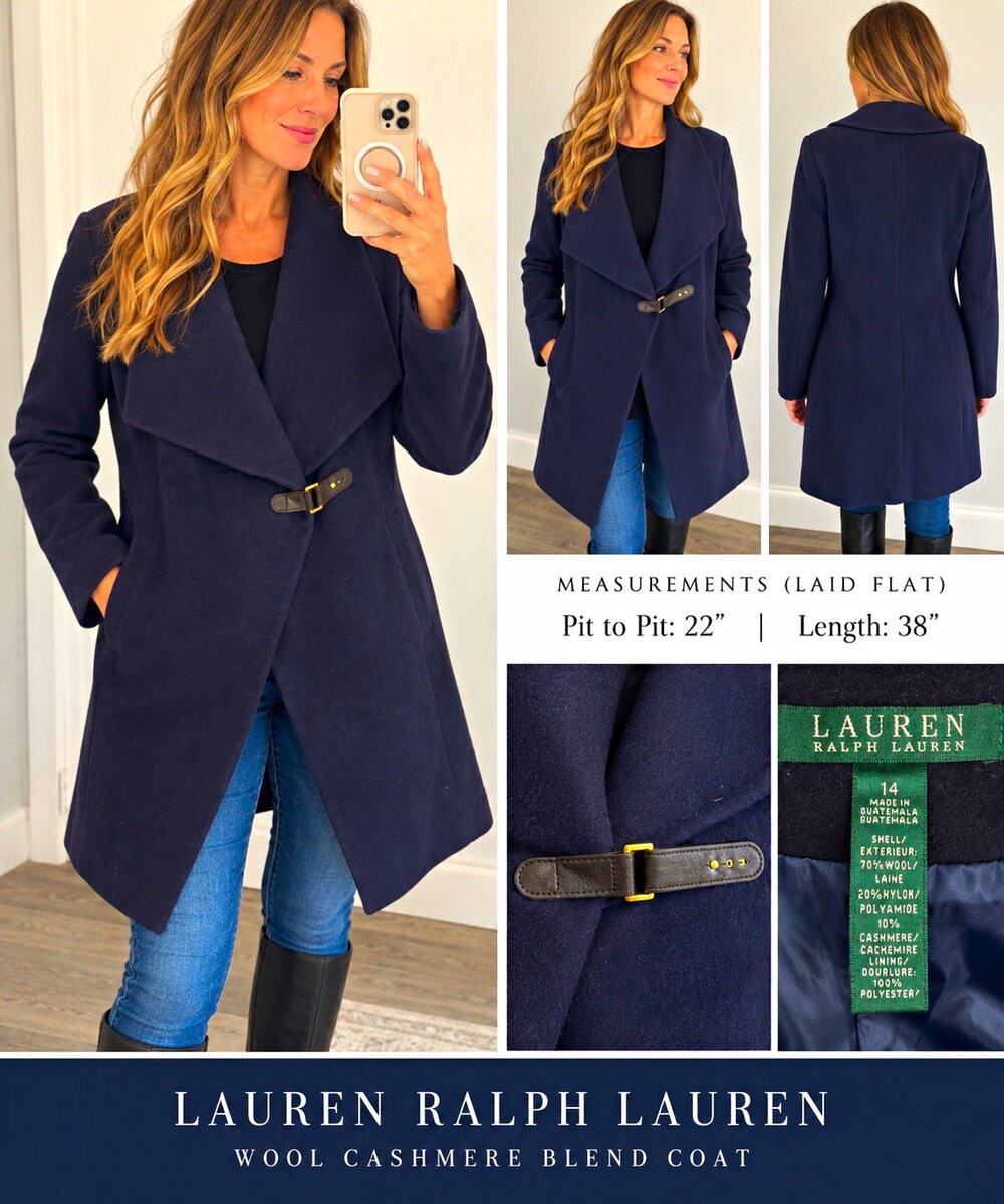 Lauren Ralph Lauren Wool Cashmere Navy Belted Coat Size 14